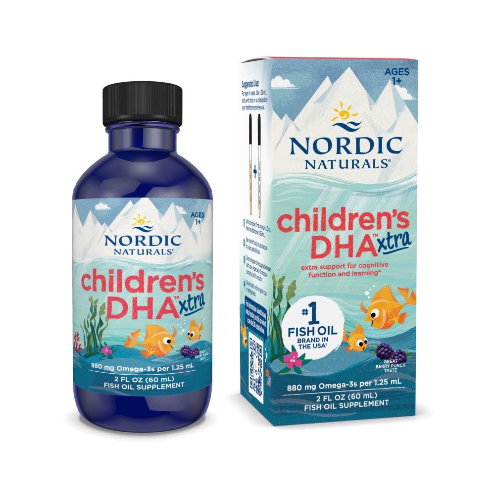 Nordic Naturals Children's DHA Xtra, Berry Punch - 2 oz for barn - 880 mg Total Omega-3s med EPA & DHA - Kognitiv og immunfunksjon, læring, sosial utvikling - ikke-GMO - 48 Services