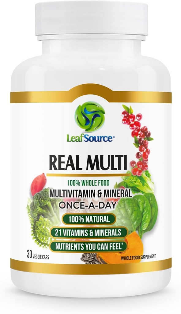 LEAFSOURCE ekte multi, multivitamin hele mattilskudd - 21 vitaminer og mineraler laget av ekte mat. Vegansk, plantebaserte næringsstoffer laget av ekte frukter Veggies & hele matvarer (30 vcap)