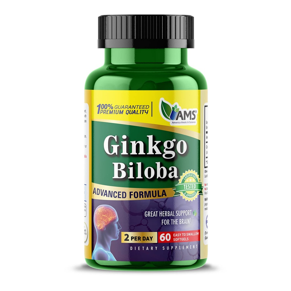 America Medic & Science Ginkgo Biloba 60mg (60 Softgels) | Brain Booster Supplement for menn og kvinner | Mind Enhancer med Herbal Leaf Extract