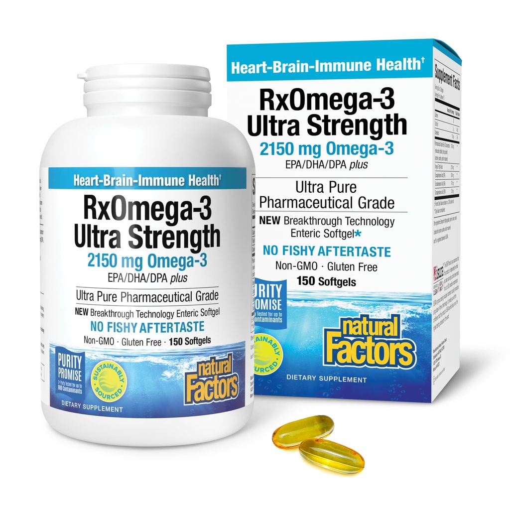 Naturlige faktorer RxOmega-3 Ultra Styrke - Kosttilskudd for hjerne og hjerte helse støtte - Eye Health Supplement med EPA & DHA - Supplement med Omega-3 fettsyrer - 150 Softgels (75 Serveringer)