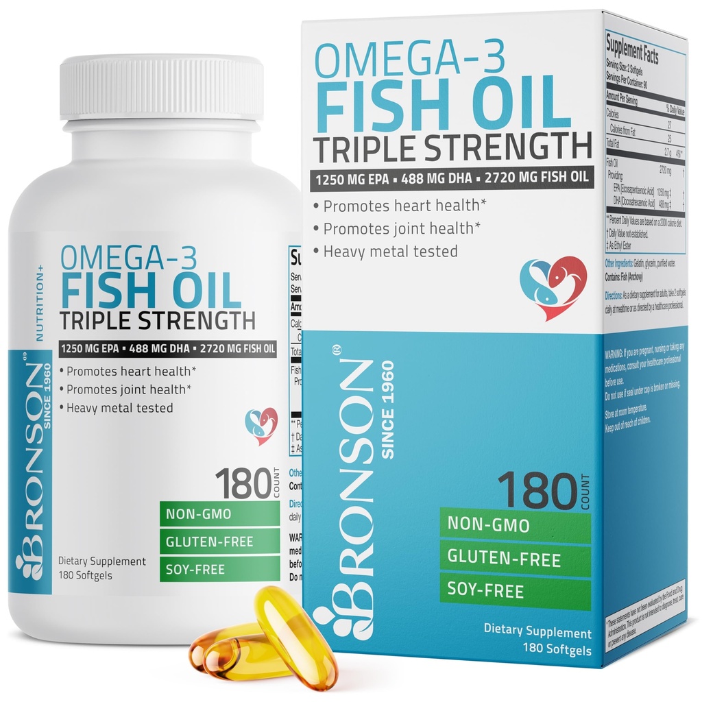 Bronson Omega 3 Fish Oil Triple Styrke 2720 mg, høy EPA 1250 mg DHA 488 mg, ikke-GMO Heavy Metal Testet, 180 Softgels