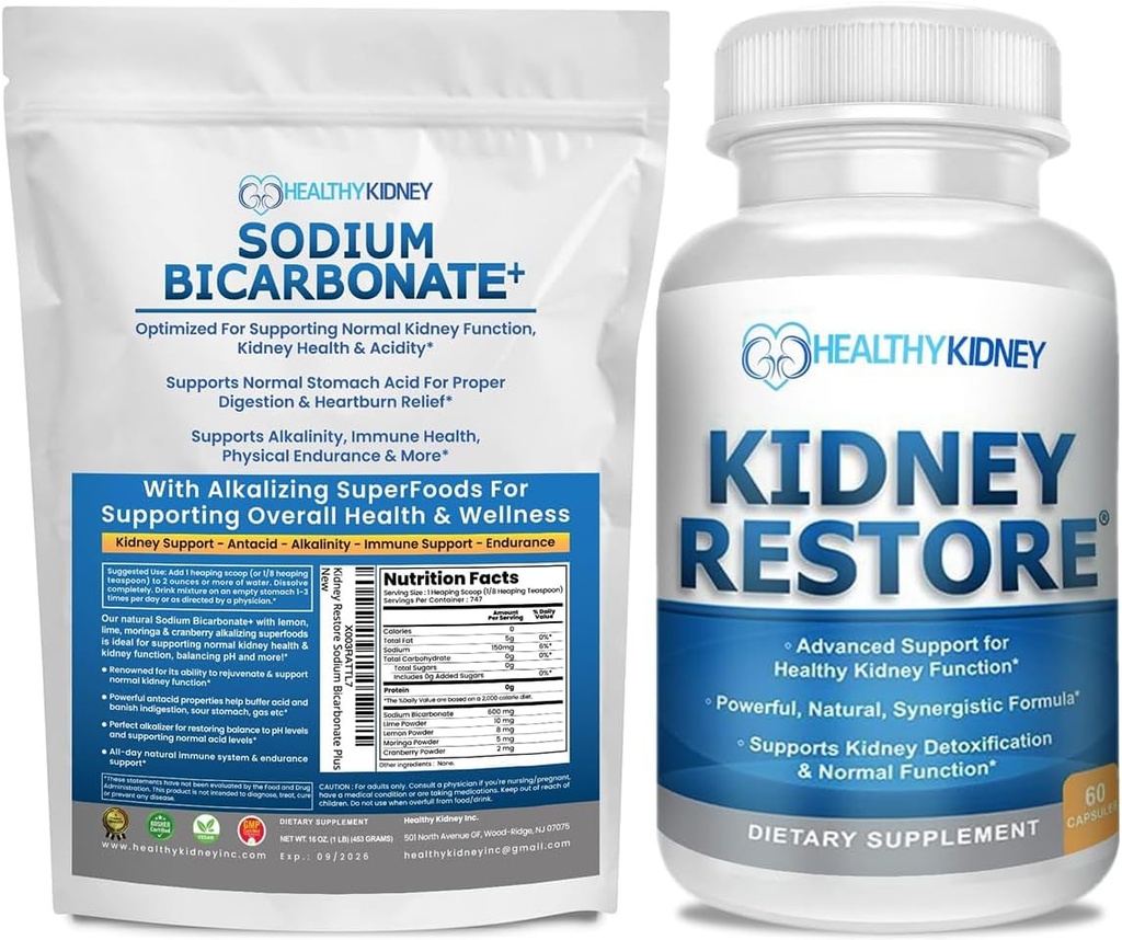 Nyregjenopprette organisk natrium Bikarbonat Alkalin Supplement 1LB Cleanse 60 Caps Bundle - støtter nyrehelse, nøytraliserer magesyre, Alkaline Superfoods, immunstøtte, antisyre og vitaminer f