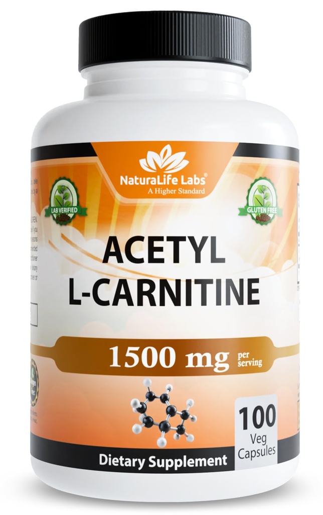 NaturaLife Labs Acetyl L-karnitin (ALCAR) 1500 mg per servering – 100 kapsler – Ikke-GMO, Glutenfri, Vegansk