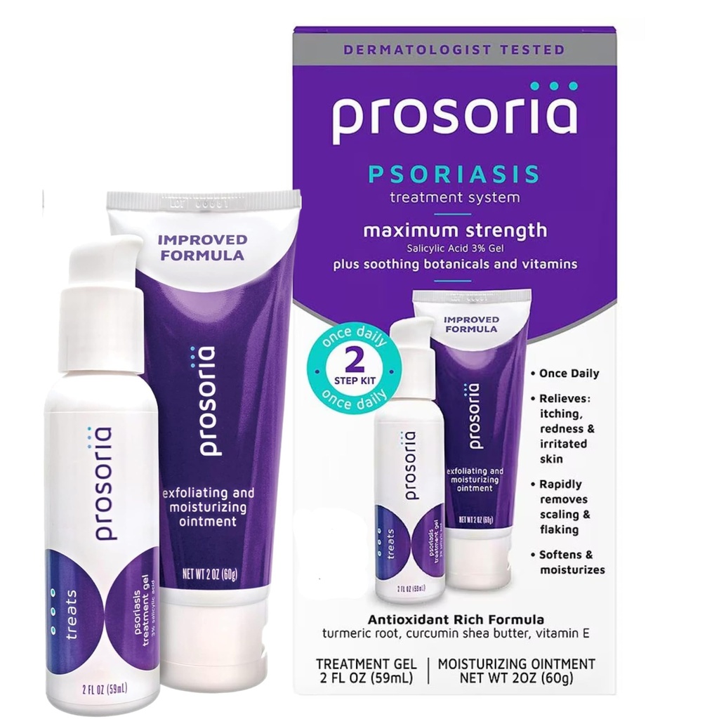 Prosoria behandlingssystem Single Kit – 2oz | Kraftig psoriasis relief med salicylsyre, turmerisk, shea smør & vitaminer | Gel & Ointment for skalering, Flaking, tørrhet, kløe og rødhet relief