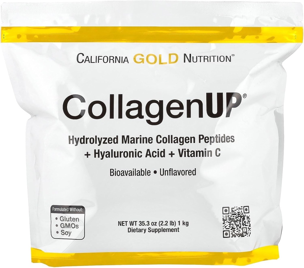California Gold Nutrition CollagenUP®, Hydrolysert Marine Collagen Peptider med Hyaluronsyre og vitamin C, Uflavorert, 2,2 lb (1 kg)