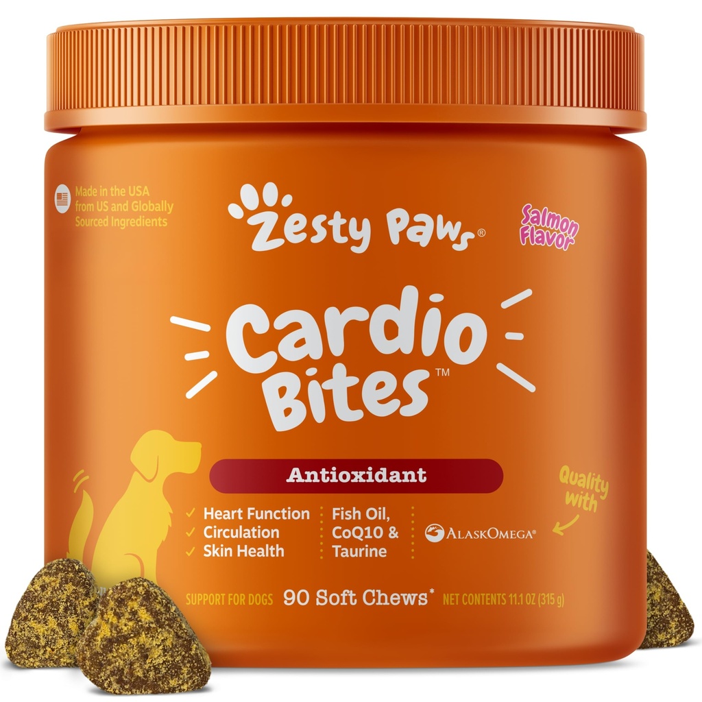 Zesty Paws Cardiovaskulær støtte for hunder - Taurin for hunder - med CoQ10, L Carnitine & Sea Buckthorn - Senior Heart Health - AlaskOmega Fish Oil Omega 3 - Senior - Salmon - 90 greve