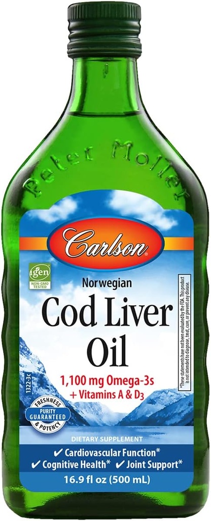 Carlson - Cod Liver Oil, 1100 mg Omega-3s + A & D3, Wild-Caught Norsk Arctic Cod-Liver Oil, Sustainly Sourced Nordic Fish Oil Liquid, Unflavored, 500 ml (16,9 Fl Oz)
