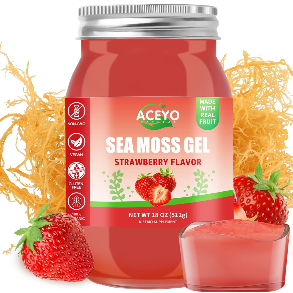 ACEYO (18 OZ) Irsk hav Moss Gel Raw Vegan Strawberry Flavor 102 vitaminer og mineraler Wild Harvested Non-GMO Immune Defense Booster Thyroid Digestiv støtte