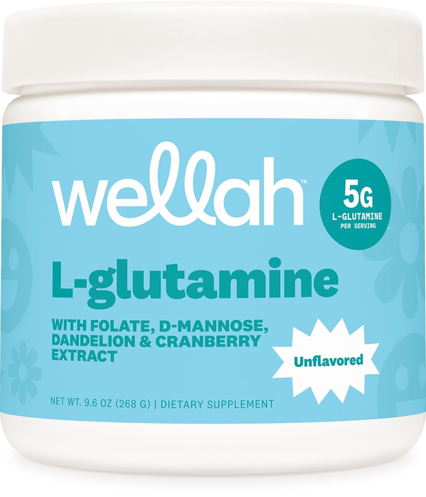Wellah L-Glutamine pulver Unflavored (50 serveringer) - 5g L-Glutamin Per Serving, Søt med Stevia