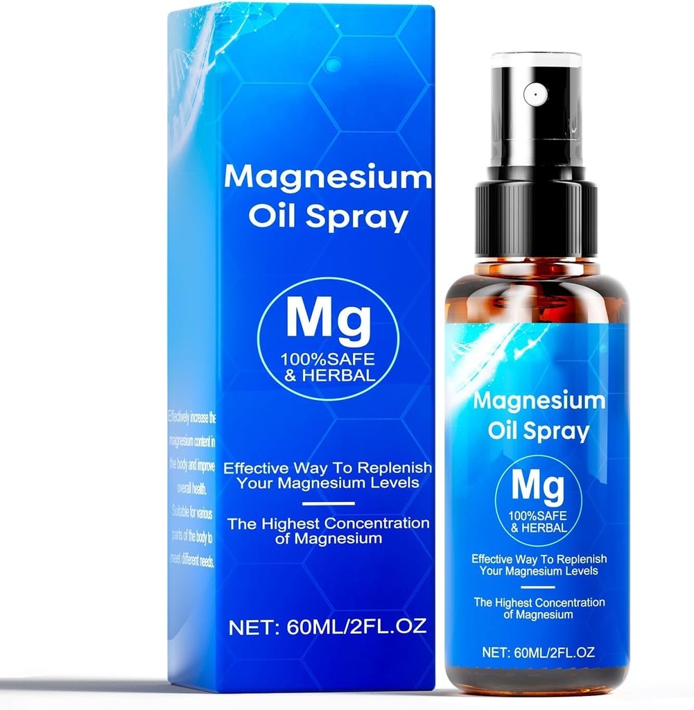 Magnesium Olje Spray, 60ml Magnesium Spray, 100% organisk magnesiumolje Ekstra styrke, fremmer rolig søvn og avslapping, Magnesium Spray for føtter, søvn og kropp, lett å absorbere og bruke