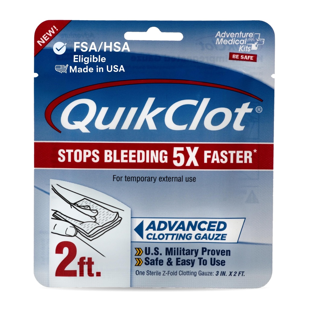 Eventyr Medisinsk Kits QuikClot Gauze - Fleksibel Hemostatisk Medisinsk Gauze for Nødoverlevelse eller katastrofe Forberedelse Kits & Mer - Stopper blødning Fast med Kaolin - 3" x 24"