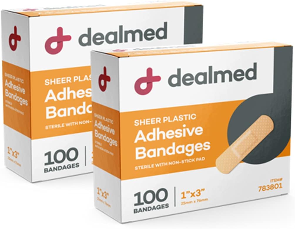 Dealmed Sheer Plastic Fleksible klesbånd - 100 greve (2 pakke) Bandages med ikke-stiv pad, Latex gratis, sårbehandling for førstehjelpssett, 1" x 3"
