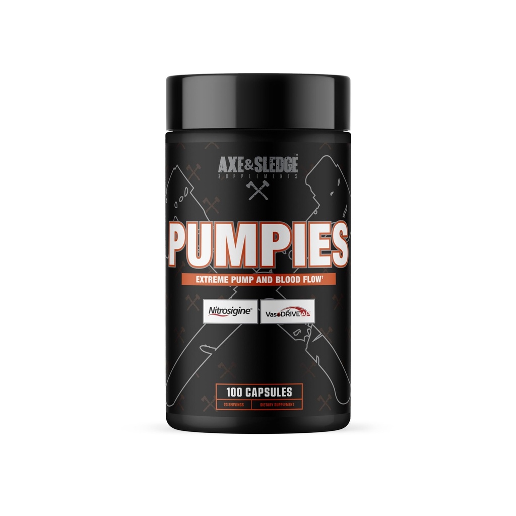 Axe & Sledge kosttilskudd PUMPIES Nitric Oxid Booster med VasoDrive-AP og Nitrosigin, Øk pumper, ytelse og gjenoppretting, 20 serveringer, 100 kapsler