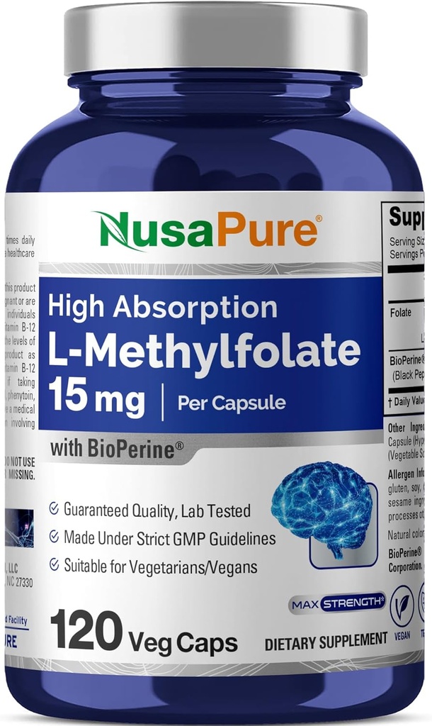 NusaPure L Metylfolat 15 mg, 120 Veggie Capsules, Bioperin