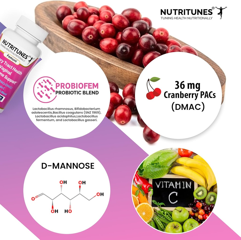 Cranberry PACs med D Mannose Supplements for kvinner, vitamin C og kvinner Vaginal Probiotic inkludert Lactobacillus og Bifidobacterium stammer for urinveistrakt helse - 60 Femuni UTH Kapsler