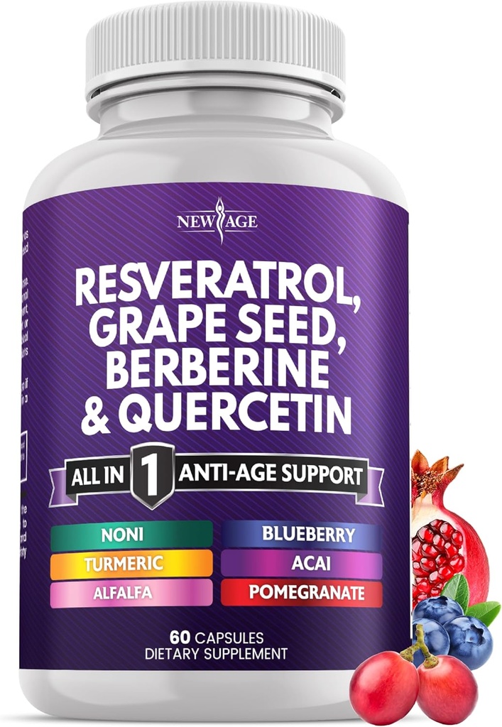 New Age Resveratrol, Berberin, Grape Seed Extract, Quercetin - Polyphenol Supplement for kvinner og menn med Noni Extract, N-Acetyl Cysteine, Acai Extract - 60 Kapsler