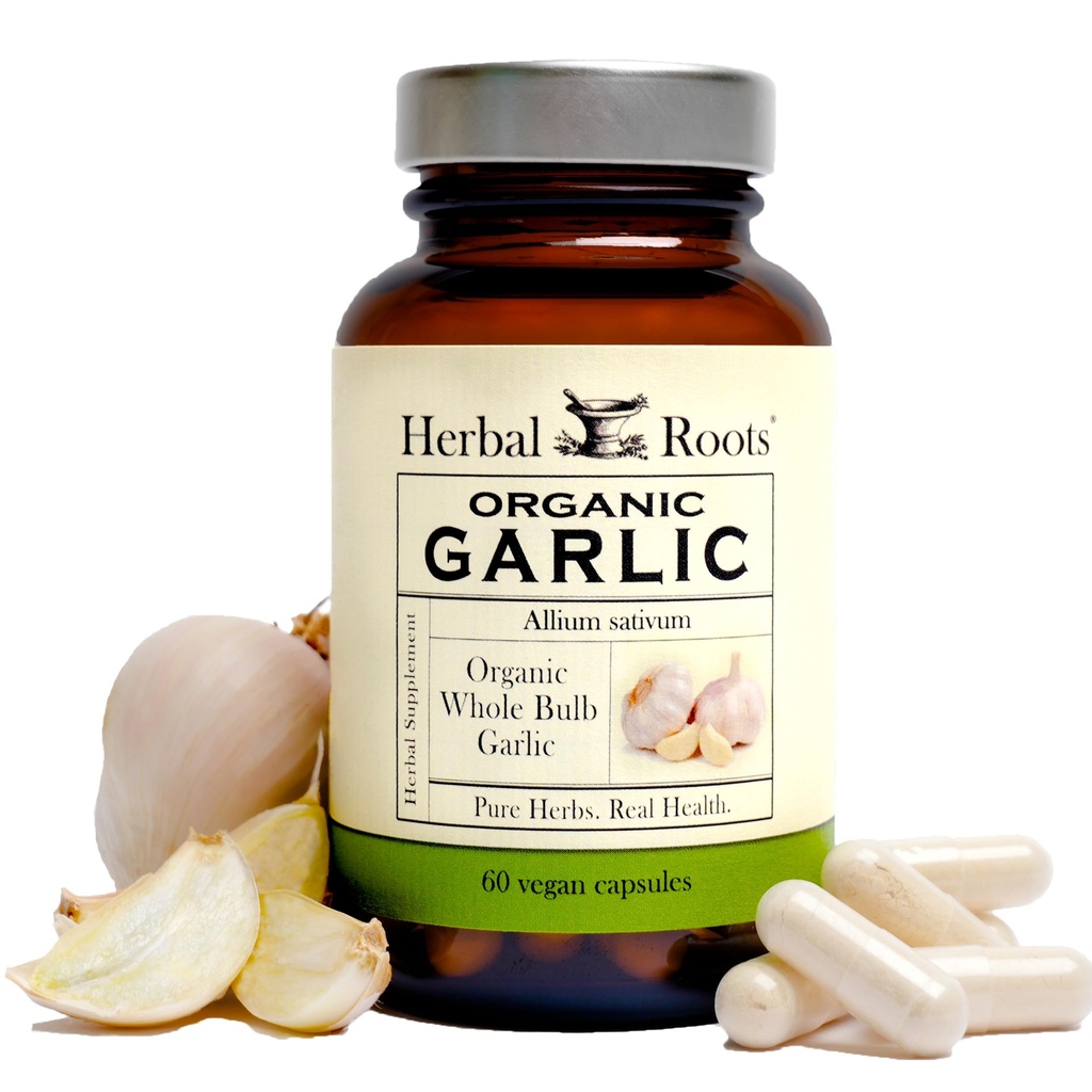 Herbal Roots organiske hele Bulb hvitløk piller - Potent ekstra styrke | 600 mg - 60 Organic Vegan Capsules