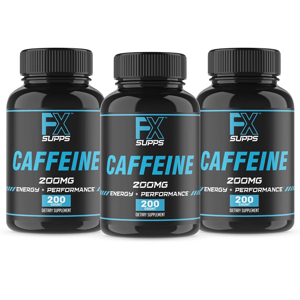 FXSUPPS Koffein 200 mg piller (3-Pack, 600 kapsler) – Fast-Active Energy Support Supplement for menn og kvinner | støtter fokus, varsling og metabolisk funksjon naturlig