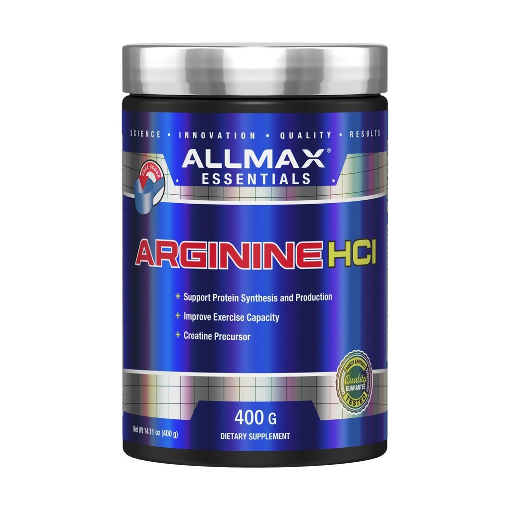 ALLMAX Essentials ARGINININE HCL - 400 g - Precursor for syntese av nitric oksid - Vegansk og glutenfri - 200 Services