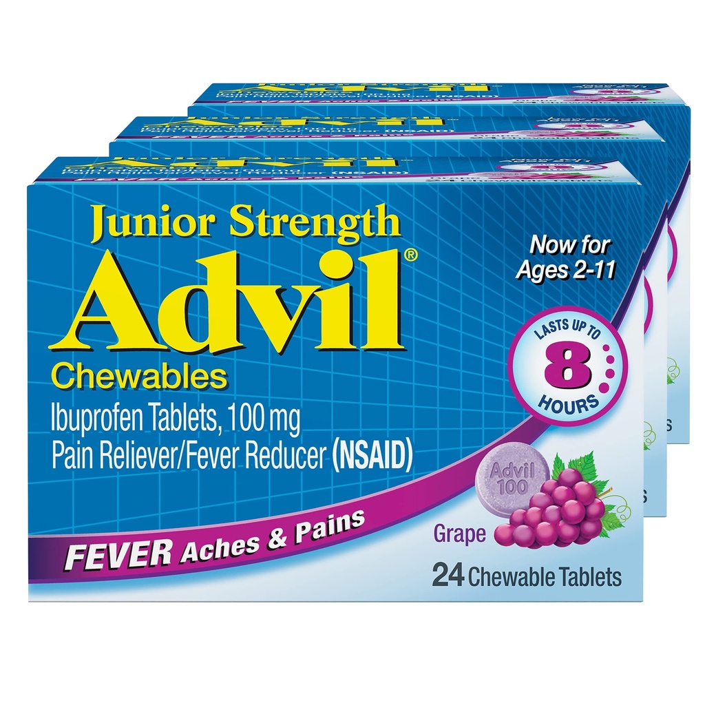 Advil Junior Styrke Chewable Ibuprofen Smerte Reliever og Feber Reduser, Barns Ibuprofen for smertelindring, Grape - 24 tabletter (Pack of 3)