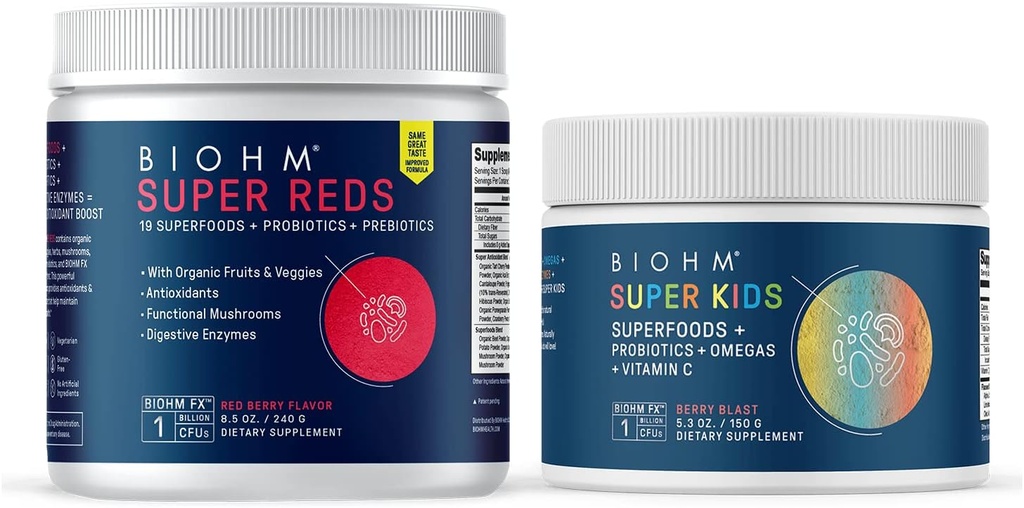 BIOHM Super Reds Superfood pulver, Tart Cherry & Super Kids Superfood pulver + probiotika, beneficiale antioksidanter & Omega-3 - Glutenfri, GMO Gratis, Dairy Free, Ingen kunstige ingredienser