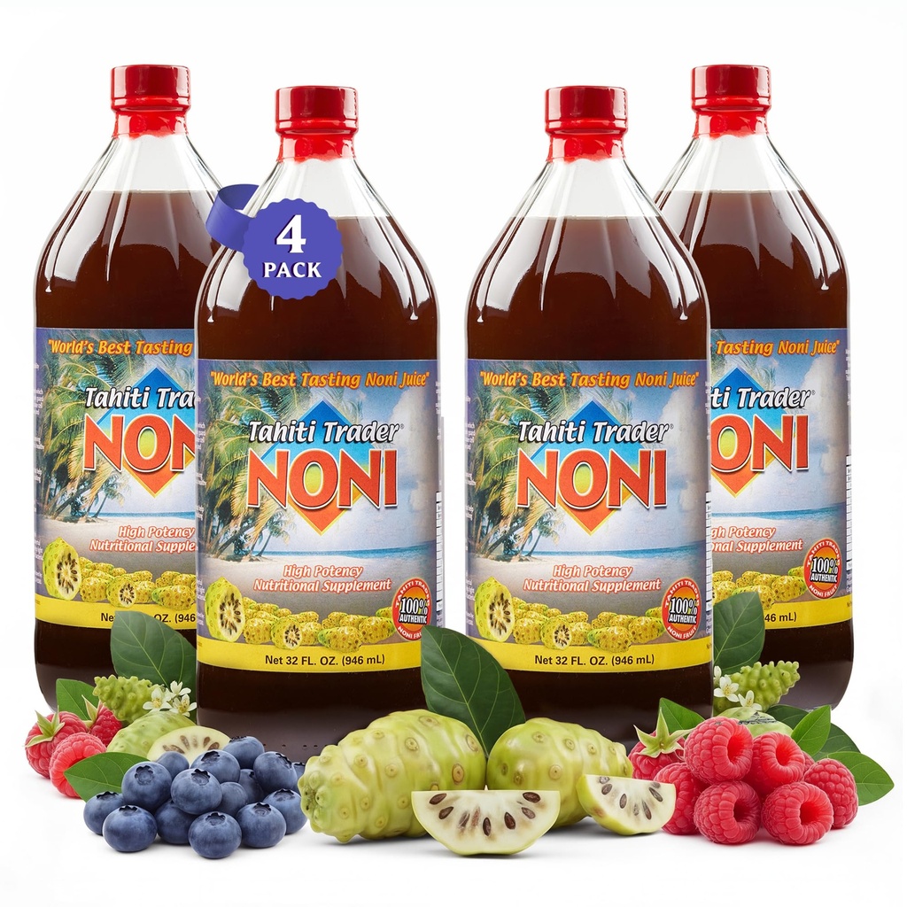 TAHITI TRADER (4-PK) Opprinnelig høy potens Noni juice - ren ni fruktjuice med blåbær og bringebær - organisk antioksidant supermat støtte energi og kroppshelse - (32oz, 4 pakke)