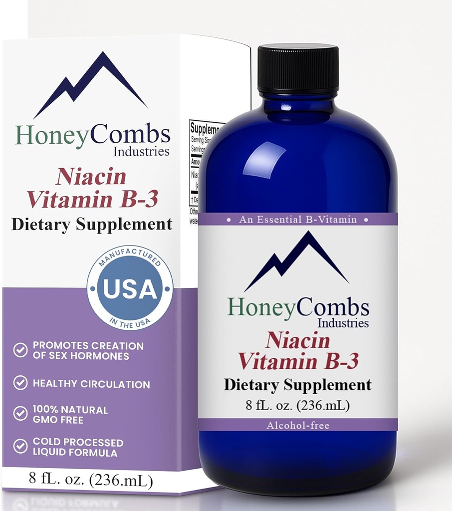 HoneyCombs vitamin B3 Niacin Supplement flytende dråper - høy potens vitamin B3 flytende dråper for menn og kvinner - opprettholde digestive system, hud, tunge, energi og mer - Vegan Niacin Drop (8 fl oz)