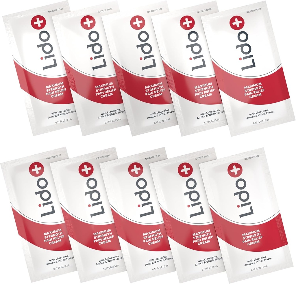 Lido+ 10-Pack Lidocaine Cream Sachets ® Hurtig relief for ledd- og muskelsmerter, smertereduserende krem ® Lang lasting formel, laget i USA