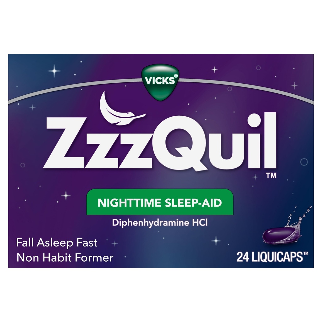 Vicks ZzzQuil, Natt søvnhjelp LiquiCaps, 25 mg Diphenhydramine HCl, No.1 Sleep-Aid Merke, Ikke-Habit Forming, Fall Asleep Fast, 24 greve