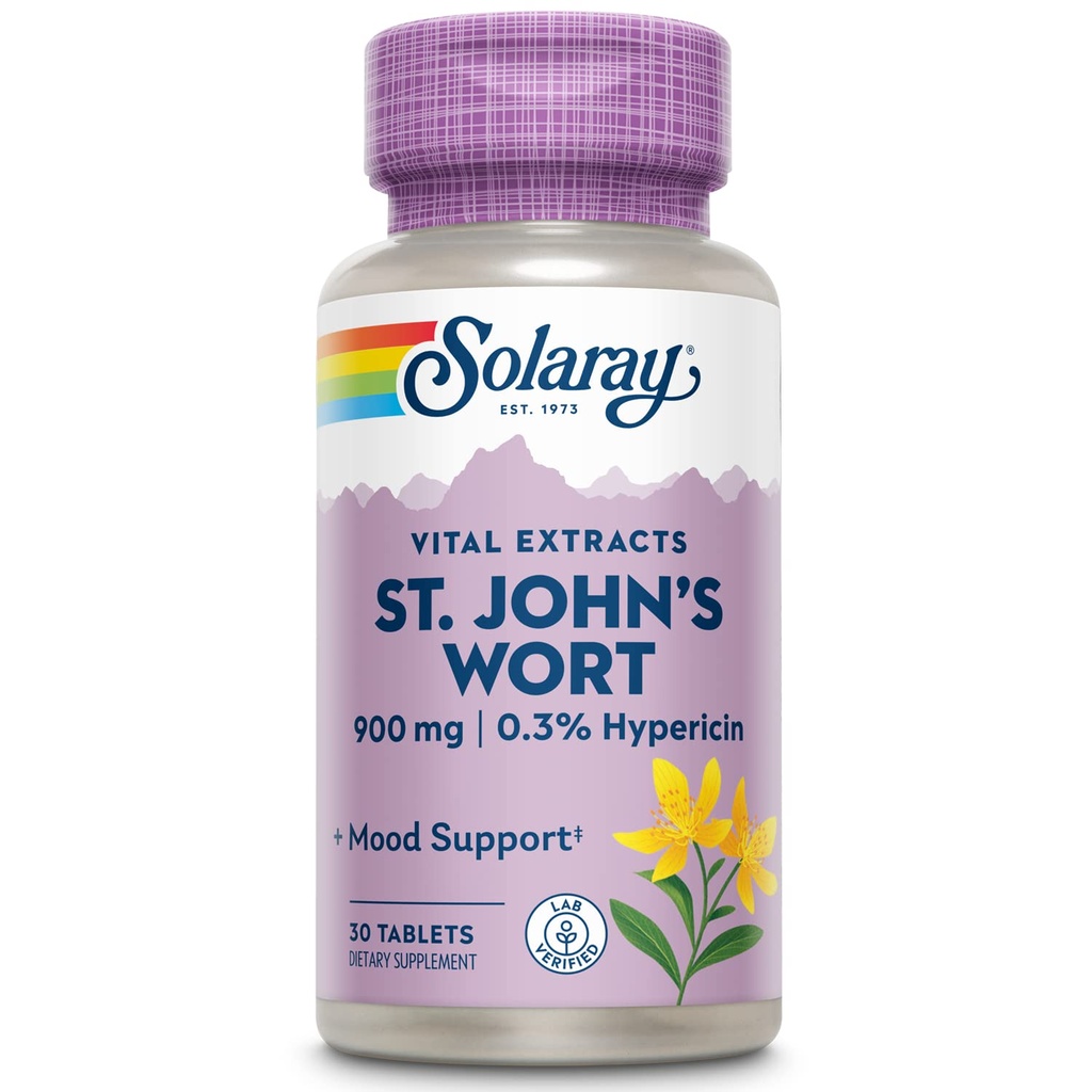 SOLARAY St John's Wort 900 mg, en gang daglig Mood Support Supplement, standardisert til 0,3% Hypericin for hjerne helse støtte og en balansert Mood, 60-dagers penger tilbake garanti | 30 Serveringer | 30 tabletter