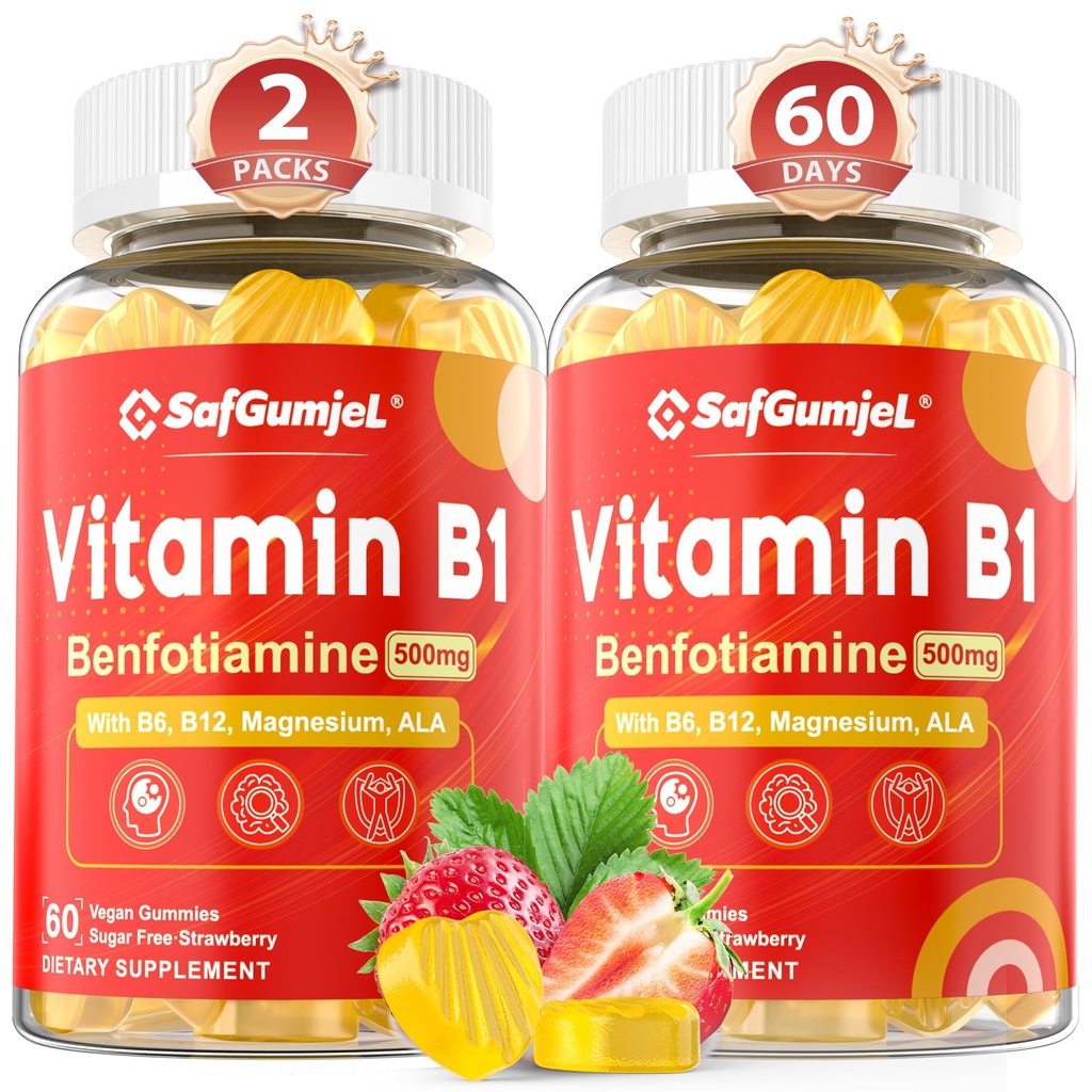 Vitamin B1 Gummies | Benfotiamin 500 mg med vitamin B6 B9 B12 & Magnesium for Nerve Helse, Energi og Metabolisme Støtte | Sukkerfri, Ikke GMO, Vegansk, 120 greve