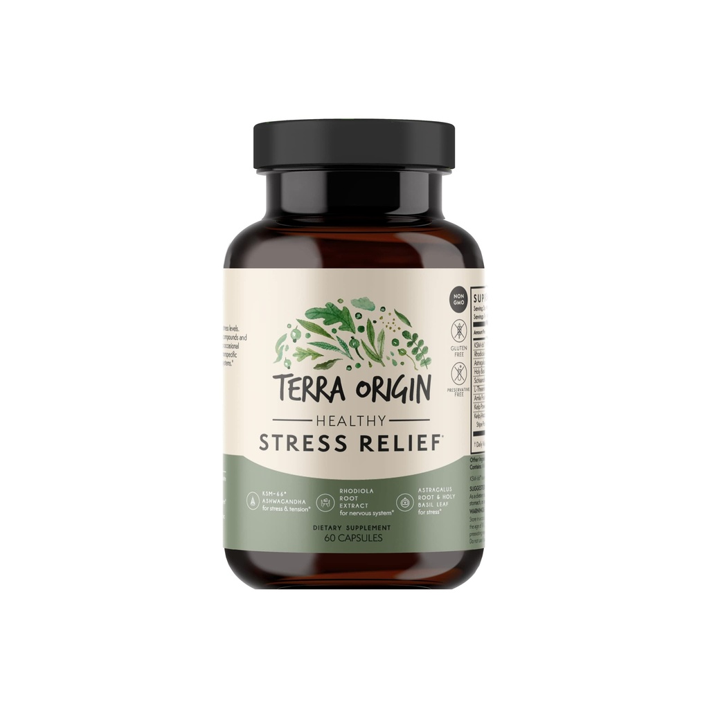 TERRA ORIGINA Sunn Stress Supplement | 60 Kapsler | KSM-66 Organic Ashwagandha, L-Theanine, Rhodiola Extract, Astragalus Root og Holy Basil | Stress og Mood Support