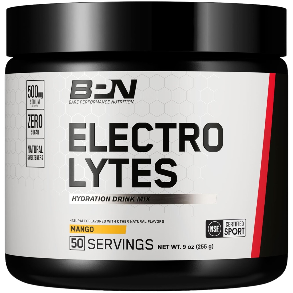 BARE PERFORMANCE NUTRITION BPN Elektrolytter Hydration Drikk Blande | Sukkerfri Elektrolyttpulver | 500 mg Natrium per servering | Naturlig søtet | Mango, 50 serveringer