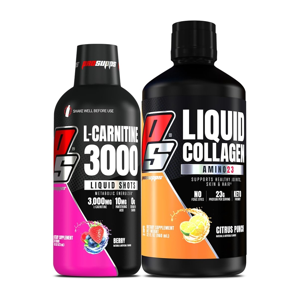 PROSUPPS L-Carnitine 3000 Stimulant Free Liquid Shots (Berry) Amino23 Liquid Collagen Shots (Citrus Punch) Bundle