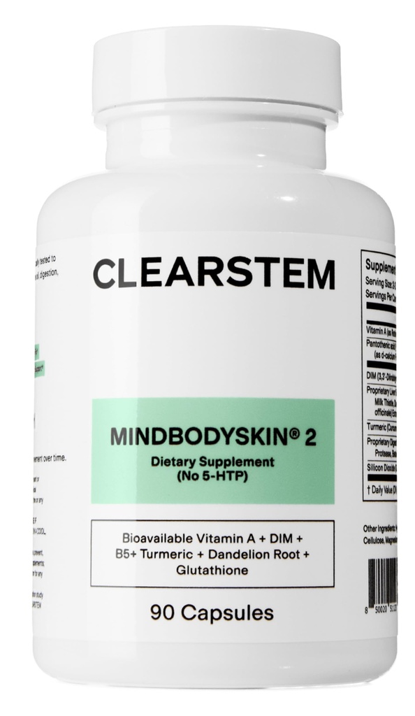 CLEARSTEM - MINDBYSKIN Hormonal Acne Supplement (No 5-HTP) - Naturlig DIM Supplement - Hudpleie vitaminer - Hormonbalanse, antioksidanter - Glutenfri, Cruelty Gratis - 30 Tjenester, 90 Kapsler