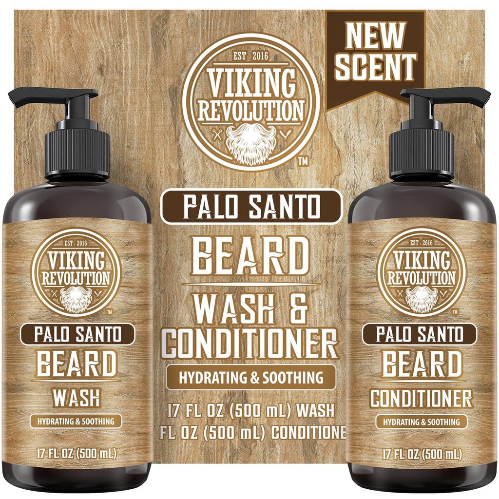 Vikingrevolusjonen Palo Santo Beard Vaske og Beard Conditioner Sett med Argan og Jojoba Olier - Mykt og styrke - Natural Palo Santo Scent - Skjegg Shampoo med Ginseng Root Extract (17 oz)