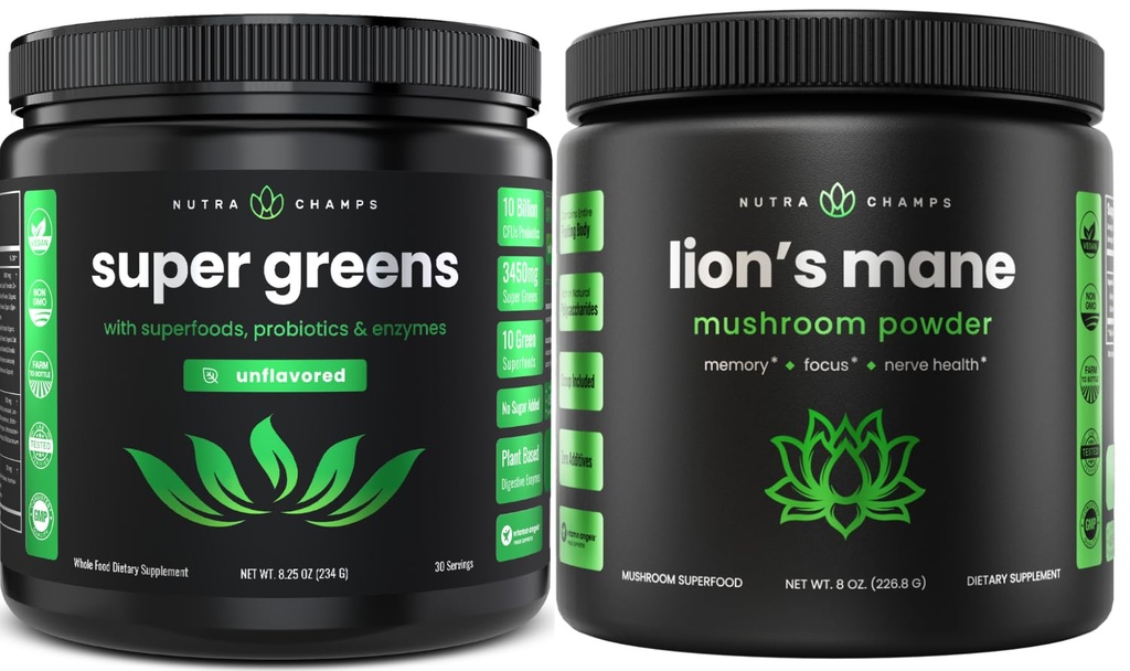 NutraChamps Super Green Unflavored & Lions Mane pulver. Grønne & Adaptogen Bundle