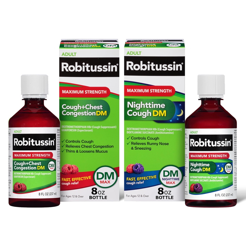 Robitussin DM Max Cough Plus bryst kongestasjon og Robitussin maksimal styrke nattetid Cough DM, voksenformler - 2 x 8 Fl Oz flasker