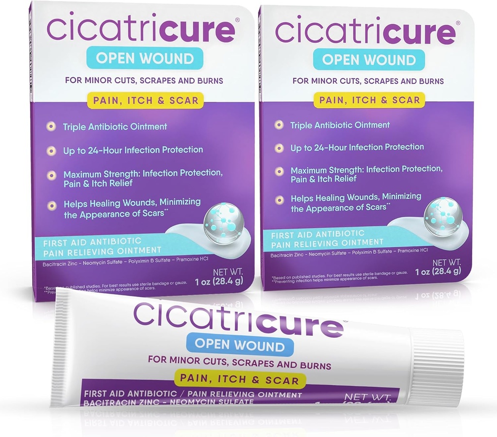 Cicatricure Triple Antibiotic Ointment med smertelindring, Bacitracin Antibiotic Ointment & Krem for sårpleie, Healing Ointment for Cuts, Burns, Insekt Bites, Førstehjelpsforsyninger Essential, 1 oz