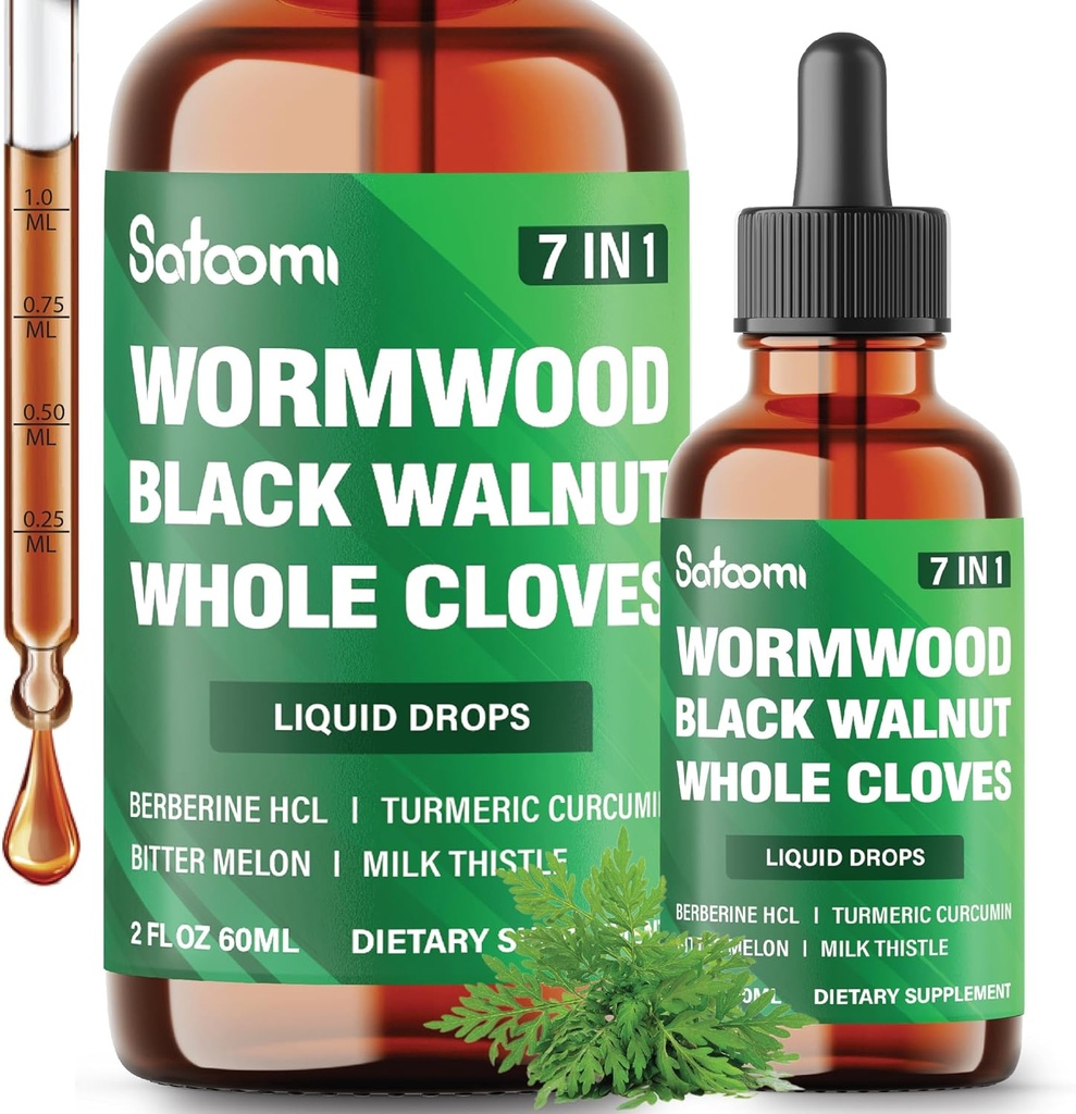 Satoomi 7in1 Wormwood flytende dråper med svart valnøtt, hele klover, berberin, melke Thistle, biter Melon og turmerisk - 60ml i 60 dager