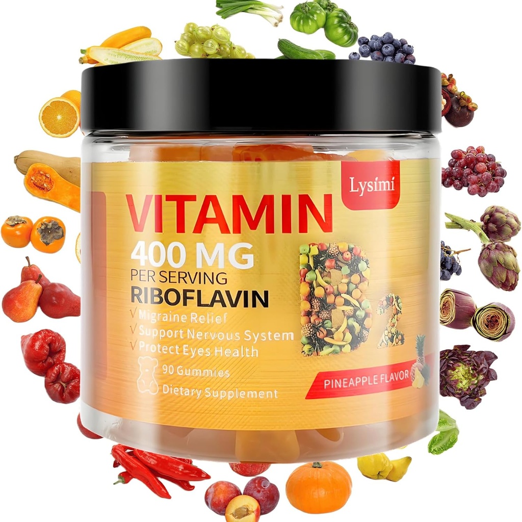 Vitamin B2 Gummies, vitamin B2 Riboflavin Gummies 400mg, Migrain Relief & hodepine Relief Riboflavin Vitamin B2 Gummies, Soja & Glutenfri, 90 vitamin Gummies for barn og voksne