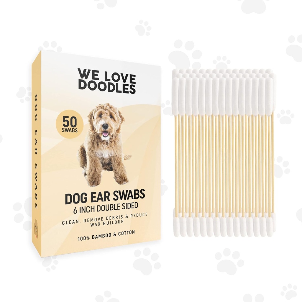 Vi elsker Doodles Long Cotton Dog Øre Swabs | Dobbel Sided Qtips for hunder | Store tre renere baller verktøy | Q Tips Swab til Flush Puppy øre | Clean Wood Buds for kjæledyr ører | Wipes løsning Q-Tips