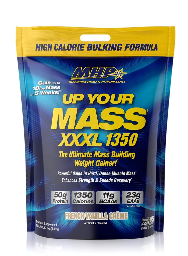 Maksimal menneskelig ytelse MHP UYM XXXL 1350 massebygging vekt gevinster, muskel masse gevinster, w/50g protein, høy kalorier, 11g BCAA, leucine, fransk Vanilla Creme, 16 serveringer