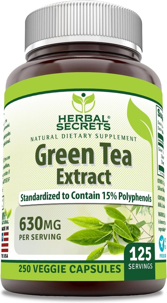 Herbal hemmeligheter Grønn Te Ekstrakt 630 Mg Per Serving | Veggie Capsule Supplement | Ikke-GMO | Glutenfri | Laget i USA (1 Pakke, 250 Count)