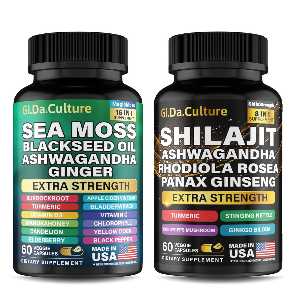 Sjilajit og Sea Moss Combo - Sea Moss og Shilajit Bundle med Ashwagandha, Black Seed, Turmeric, Bladderwrack, Burdock, Black Pepper med vitaminer og antioksidanter - 120 Veggie Capsules