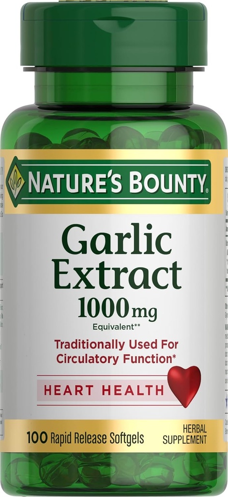 Naturens Bounty hvitløk ekstrakt, Herbal Supplement, støtter sirkulerende funksjon, 1000mg, 100 Rapid Release Softgels