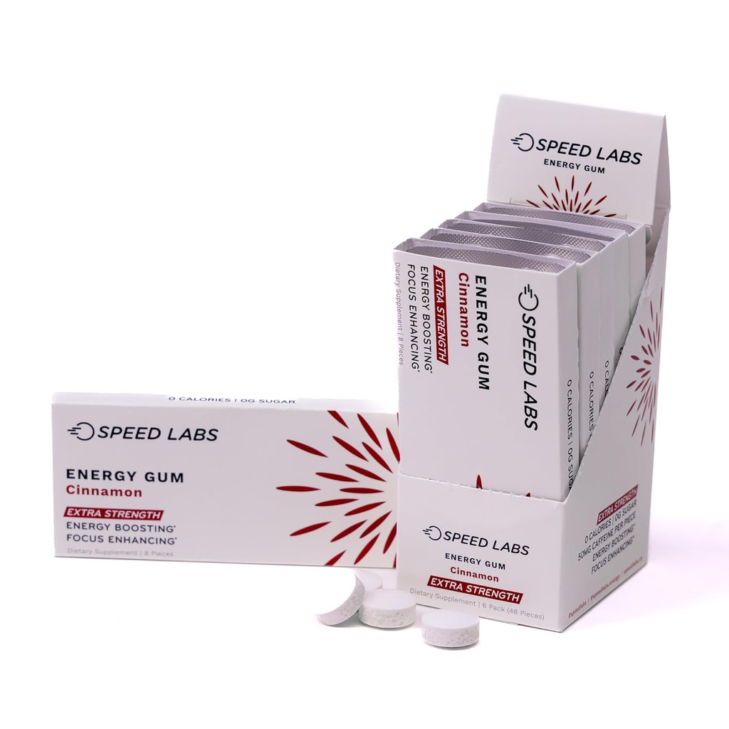 Speed Labs kanel Extra styrke Koffein Chewing Gum 50mg Koffein, Taurin, & B Vitaminer per stykke, 48 stykker (6 pakker med 8 stykker) sukker gratis, null calorie, ingen aspartam, glutenfri