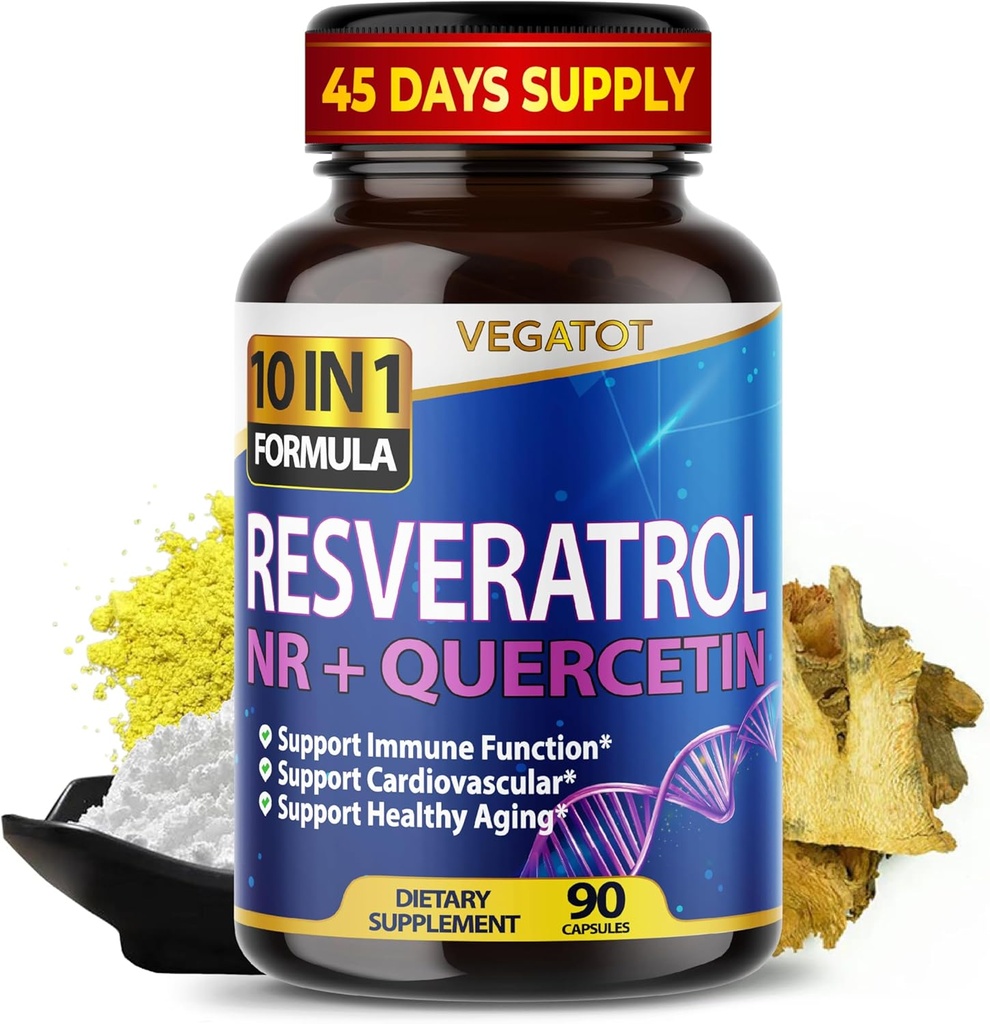 VEGATOT 10 i 1 høy styrke Resveratrol med Quercetin sunn aldring immun hjerne øke felles støtte (90 greve (pakke av 1))