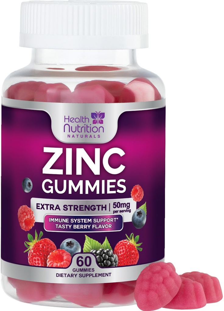 Sink Supplements 50mg Gummier - Maks styrke Hud Helse og immunstøtte Gummy, Vegan, Ikke-GMO & Glutenfri - Beste Sink Supplement Antioksidant & Bein Helse Chewable Tasty Berry Flavor - 60 Gummies