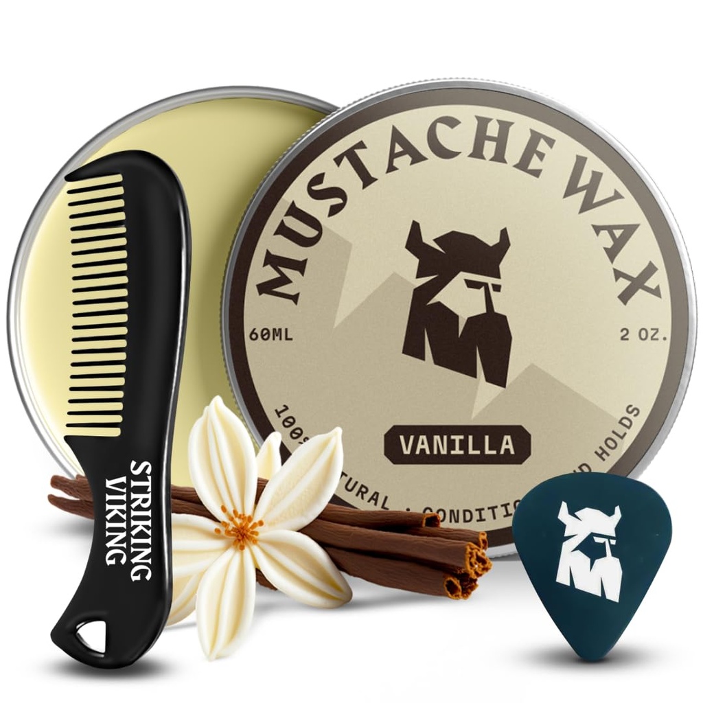 Viking Mustache Wax & Comb Kit - 2 oz, Vanilla - Komplett Mustache Grooming Kit for menn - Sterk-Hold Styling & Wax Sterk Hold - Pocket-Sized Precision & Styling Comb